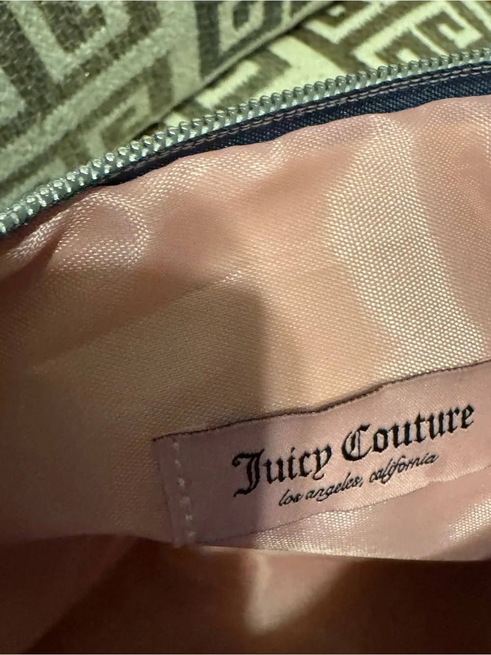 Juicy Couture Denim Cosmetic Bag with Pink Script Logo